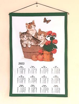 Stoffkalender 2023 Geschirrtuch Kalender Zaunkatzen Katzen Textilkalender 45x65 cm