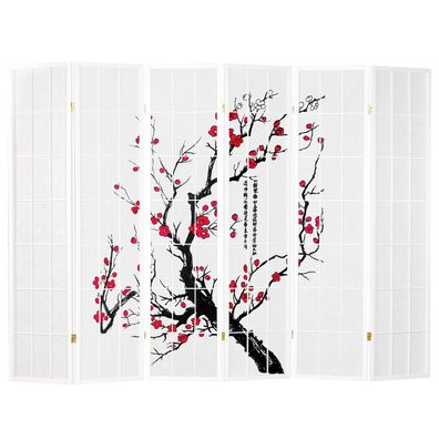 Paravent Raumteiler 6 teilig, Holz Reispapier Weiß, Kirschmuster, Höhe 179 cm