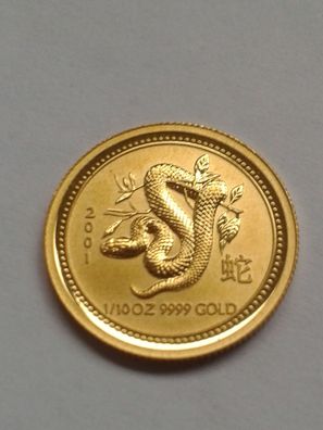 15$ 2001 Australien Lunar Schlange 1/10 Unze Gold 3,11g Gold Lunar 15 Dollars 2001