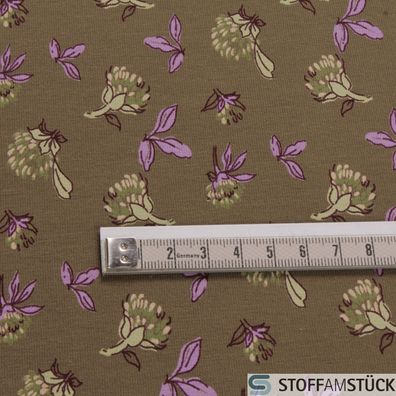 0,5 Meter Stoff Baumwolle Elastan Single Jersey khaki Blume dehnbar Blümchen