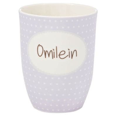 MEA LIVING Henkelbecher 500 ml Spruch Omilein Kaffee Tasse Becher lila Punkte