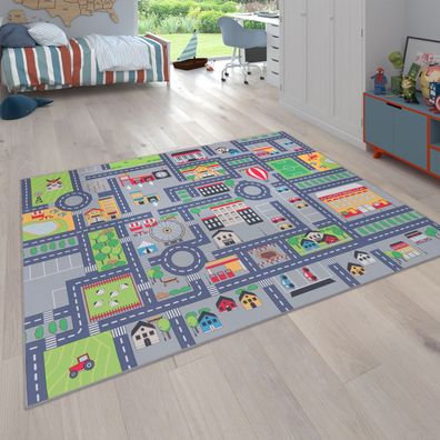 Spielteppich Kinderteppich Kinderzimmer Straßenteppich Straßen Design, In Grau