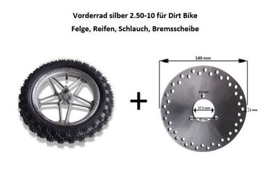 Vorderrad 2.50-10 Felge Reifen Schlauch Dirtbike Bremsscheibe geschlossen