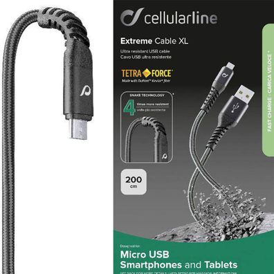 Cellularline 2m Tetra Force Extreme Cable Micro USB Kabel XL Kevlar Faser 200cm