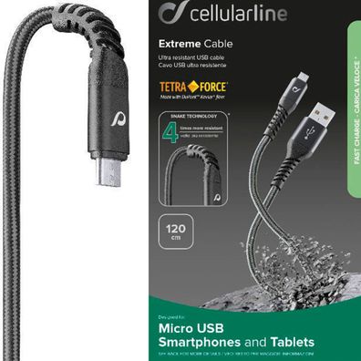 Cellularline 1.2m Tetra Force Extreme Cable Micro USB Kabel Kevlar Faser 120cm