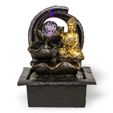 Zimmerbrunnen mit Buddha Gyan und LED Beleuchtung, Feng Shui Dekobrunnen für die Wohn