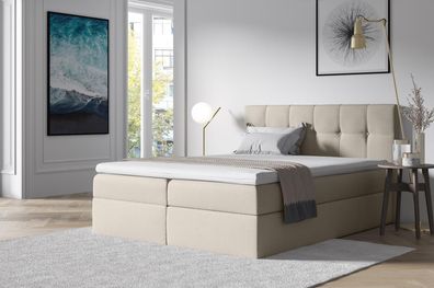 FURNIX Boxspringbett ERNIE 200x200 Doppelbett mit Bettkasten & Topper SR21 creme