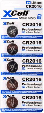 5er Sparset XCell CR2016 Lithium-Knopfzelle 3V / 90mAh