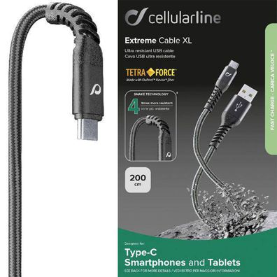 Cellularline 2m Typ-C Tetra Force Extreme Cable USBC Kabel XL Kevlar Faser 200cm