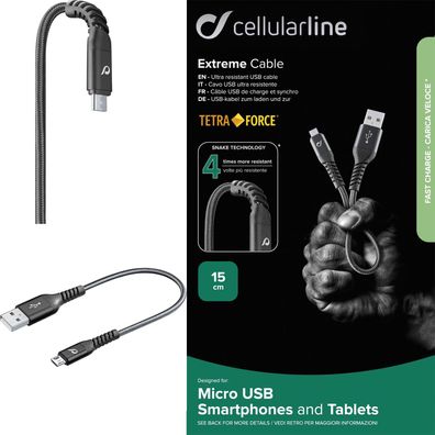 Cellularline 15cm Micro USB Kabel Tetra Force Extreme Cable Kevlar Faser 0,15m