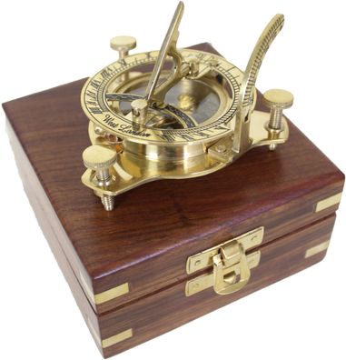 Kompass aus Messing mit Sonnenuhr in Edler Geschenk Holzbox