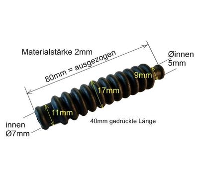 Gummi Faltenbalg, l=80mm, i1=Ø7mm, i2=Ø5mm, schwarz, Stärke2mm, 1St.