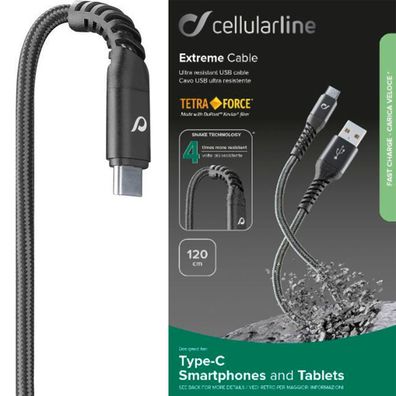 Cellularline 1.2m Typ-C Tetra Force Extreme Cable USBC Kabel Kevlar Faser 120cm