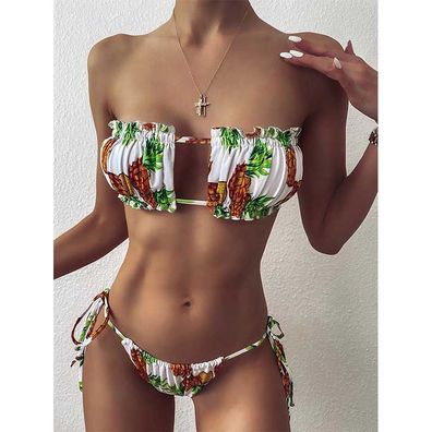Damen Bikini mit Ananas-Print, schulterfrei, trägerlose Falte