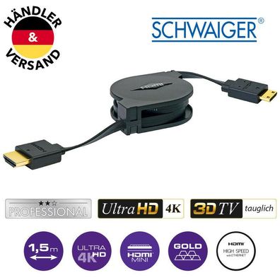 Schwaiger aufrollbar HDMI - HDMI Mini Kabel mit Ethernet 4K UHD 3D 18Gbit/ s 1,5m