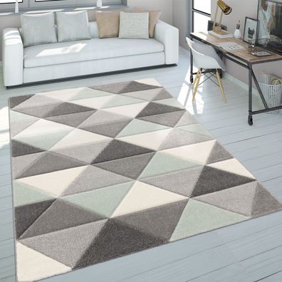Wohnzimmer Teppich Grün Grau Pastellfarben Kurzflor Retro Design Dreieck Muster