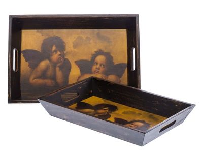 2x Tablett Engel nach Raffael aus Holz im Antik-Stil Holztablett