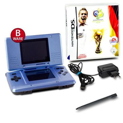 DS Handheld Konsole metallic hellblau #60B + Kabel + Spiel Fifa Fussball WM 2006