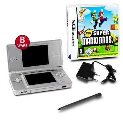 DS Lite Handheld Konsole Silber #73B + ähnl. Ladekabel + New Super Mario Bros.