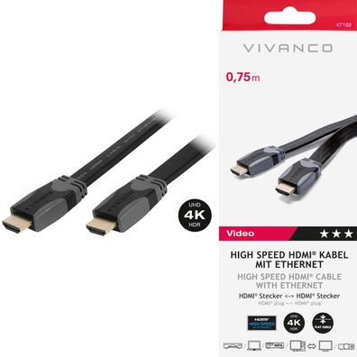 Vivanco 0,75m HDMI Kabel HDMI WQHD Highspeed 24kt vergoldet Ethernet Flachband