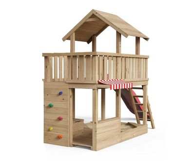 Spielturm Mia - Spielwelt - 263 - natürlich Lärchenholz mit roter Rutsche