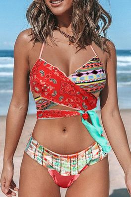 Multicolor Neckholder, Bikini mit tropischem Print