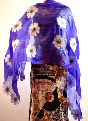 Seidenschal Violett Blumenmuster Merinowolle Silk Scarf Handmade Unikat