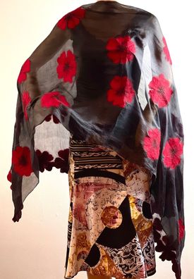 Seidenschal Schwarz-Rot Blumenmuster Merinowolle Silk Scarf Handmade Unikat