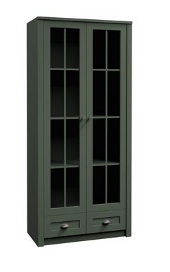 FURNIX Hochschrank LEVAN W2S Vitrine mit 2 verglasten Türen und Schubladen Grün