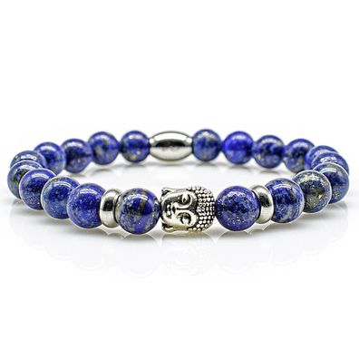 Lapislazuli Armband Bracelet Perlenarmband Buddhakopf R blau 8mm Edelstahl