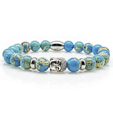 Jaspis Armband Bracelet Perlenarmband Buddhakopf R Silver blau 8mm Edelstahl