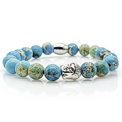 Jaspis Armband Bracelet Perlenarmband Buddha Silber blau 8mm Edelstahl
