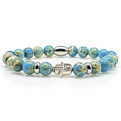 Jaspis Armband Bracelet Perlenarmband Hand der Fatima R Silber blau Edelstahl