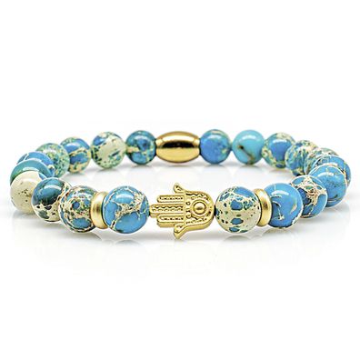 Jaspis Armband Bracelet Perlenarmband Hand Fatima 24k Gold blau 8mm Edelstahl