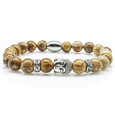 Jaspis Armband Bracelet Perlenarmband Buddhakopf S Silber beige 8mm Edelstahl