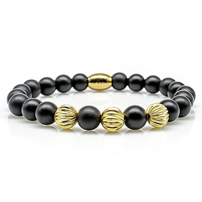 Onyx Armband Bracelet Perlenarmband goldene Kugel 24k vergoldet schwarz matt