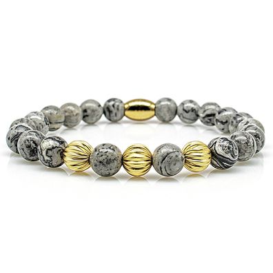 Jaspis Armband Bracelet Perlenarmband Beads Gold 24k vergoldet grau 8mm