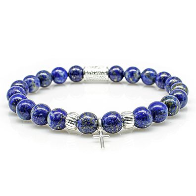 Lapislazuli 925 Sterling Silber Armband Bracelet Perlenarmband Kreuz blau 8mm