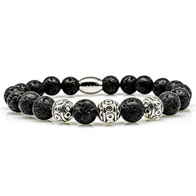Lava Armband Bracelet Perlenarmband Beads silber schwarz 8mm Edelstahlkugel