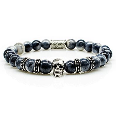 Jade Armband Bracelet Perlenarmband Totenkopf R Silber blau weiß 8mm Edelstahl