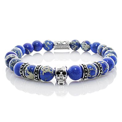 Jaspis Armband Bracelet Perlenarmband Totenkopf R Silber blau 8mm Edelstahl