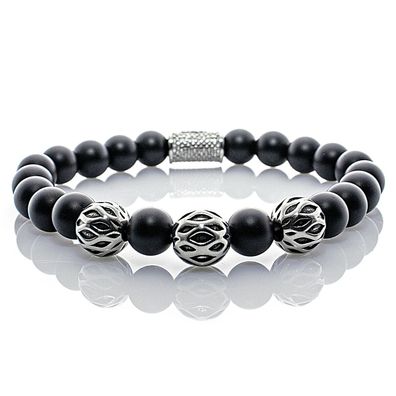 Onyx Armband Bracelet Perlenarmband Beads Silver schwarz matt 8mm Edelstahl