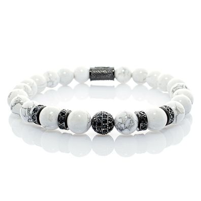 Howlith Armband Bracelet Perlenarmband Beads Kugel schwarz weiß B 8mm Edelstahl