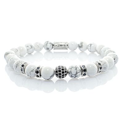 Howlith Armband Bracelet Perlenarmband Beads Kugel silber weiß 8mm Edelstahl CZ