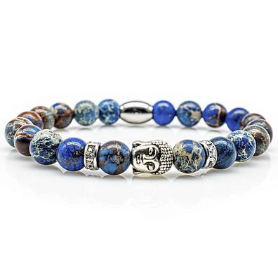Jaspis Armband Bracelet Perlenarmband Buddha Kopf S Silber blau 8mm Edelstahl