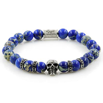 Jaspis Armband Bracelet Perlenarmband Totenkopf Skull Silver blau 8mm Edelstahl