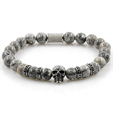 Jaspis Armband Bracelet Perlenarmband Skull R Silver grau 8mm Edelstahl