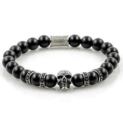 Onyx Armband Bracelet Perlenarmband Schädel silber schwarz matt 8mm Edelstahl