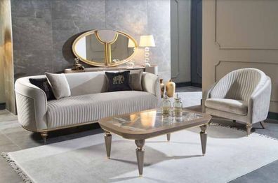 Sofagarnitur Couch Sofa Polster 3 + 1 Sitzer Couchtisch Holz 3tlg. Luxus Möbel