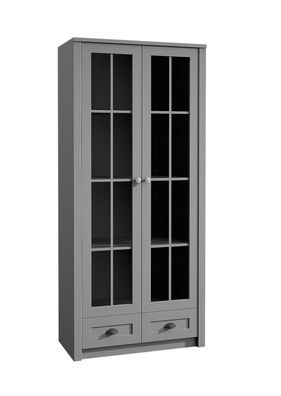 FURNIX Hochschrank LEVAN W2S Vitrine mit 2 verglasten Türen und Schubladen Grau